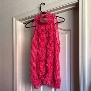 Pink Ruffled Sleeveless Blouse with Mandarin Collar